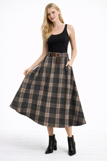 Park Moda Plaid Pattern Belt Detailed Camisole Italian Long Skirt