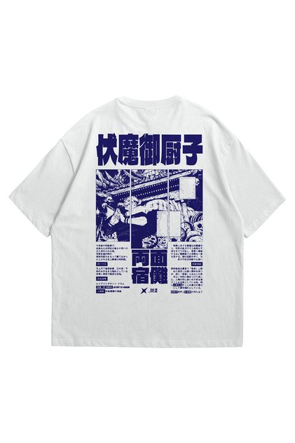 Unisex White Oversize T-Shirt - Jujutsu Kaisen Sukuna Anime Printed Combed Cotton Crew Neck T-Shirt