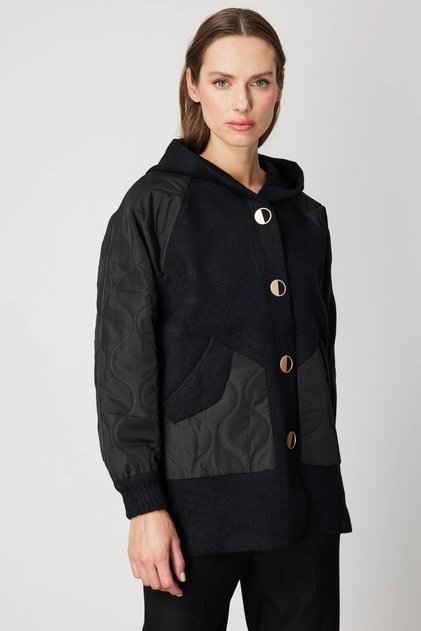 Women's Black Coat with Quilted Sleeves and Buttoned Hood 60935