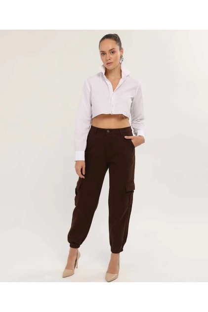 Cargo Pocket Linen Mom Pants with Rubberized Waist
