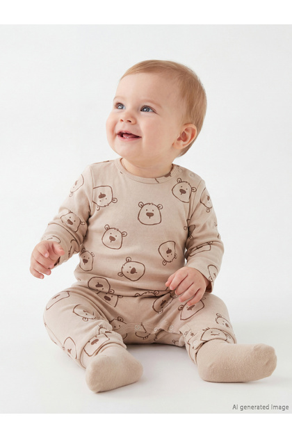 Beige Crew Neck Long Sleeve Printed Baby Boy Romper