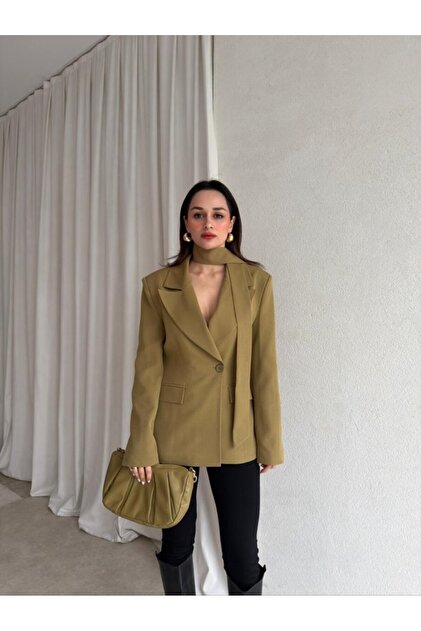 Premium Trend Şal Detaylı Belden Oturtmalı Tasarım Vatkalı Blazer Ceket