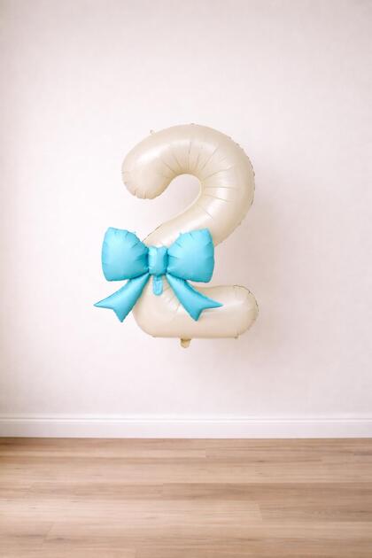 Blue Bow & Cream Number 2 Foil Balloon Set