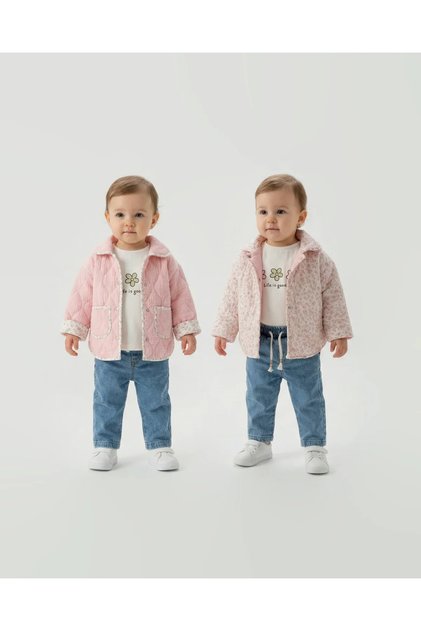 Baby Girl Seasonal 3-Piece Combination - Reversible Quilted Coat and Jeans Set