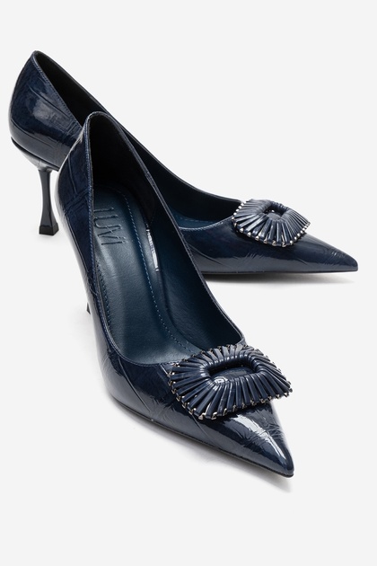 Rebel Navy Blue Printed Buckle Women's Heeled Shoes