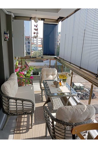 KARTEPE GALVANİZ BORU 2 1 1 SEHPA(60*90) RATTAN BAHÇE BALKON TAKIMI,KAHVE RATTAN/KREM KUMAŞ