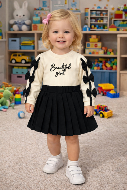 Girl's Pleated Skirt with Ribbon Shorts Skirt Set