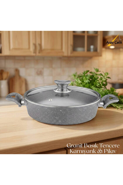 24 Cm Granit Karnıyarık & Pilav Tenceresi Cam Kapak - Gri