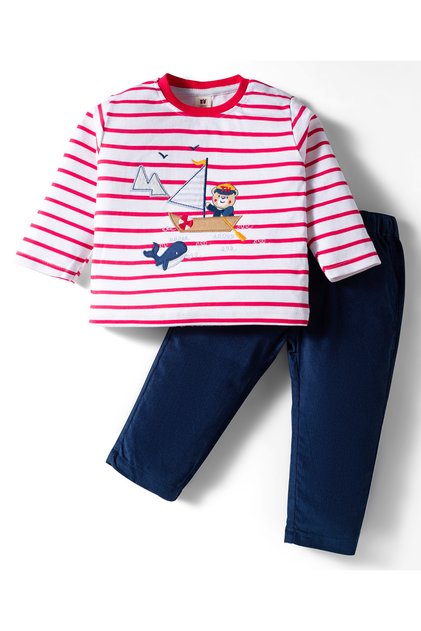 Interlock Woven Full Sleeve Striped T-Shirt & Lounge Pant Set Nautical Embroidery-Red & Navy Blue