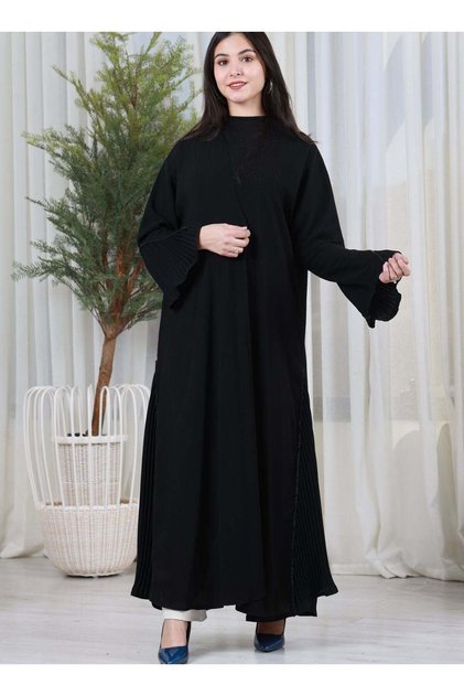 A black abaya made of Rama fabric with pleated sleeves on the sleeves and sides, making it distinct