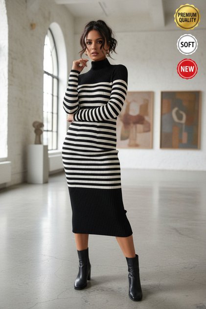 Women's Black and White Stripe Detailed Half Fisherman Slim Pencil Knitwear Dress