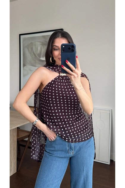 Burgundy Gold Buckle Polka Dot Chiffon Blouse - 101270