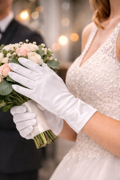 قفازات دعائية قصيرة بيضاء من الساتان
