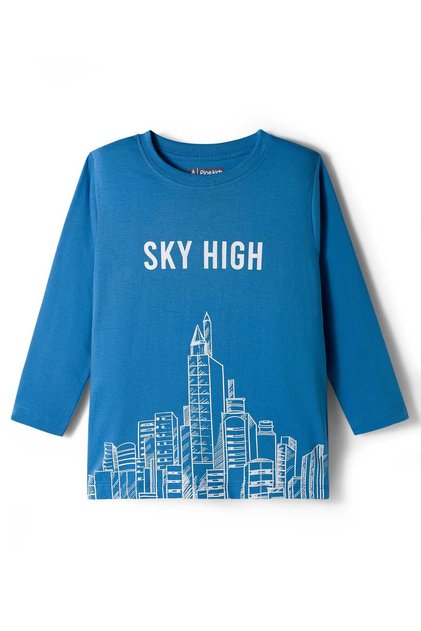 Cotton Knit Full Sleeves T-Shirt With Sky High Text Print - Blue