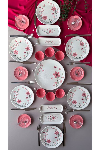 Bahar Model 6 Kişilik 23 Parça Röfyeli Modern Kahvaltı Takımı - Brunch Set (Pembeçyt)