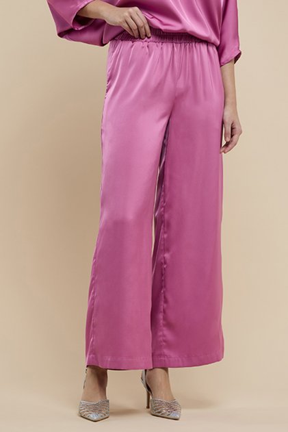 Women's Pink Solid Wide Leg Pants with Elastic Waist