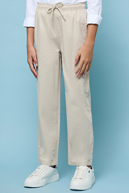 Boy's Beige Solid Straight Fit Pants with Drawstring Waist