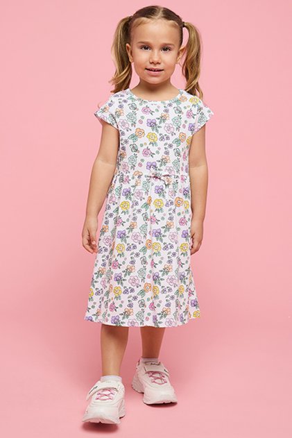 Girl's Cream Printed Fit & Flare Dress with Crew Neck and Short Sleeves