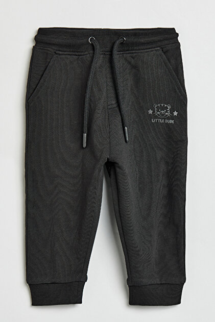 Boy's Black Print Detail Joggers with Drawstring Waist