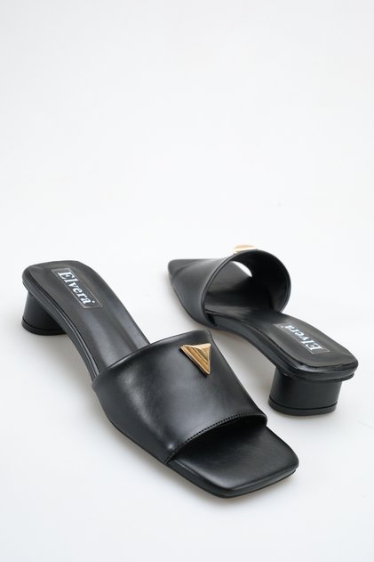 Women's Heeled Slippers White Skin Tone Blunt Toe Round Heels with Gold Accessories - Modern and Stylish