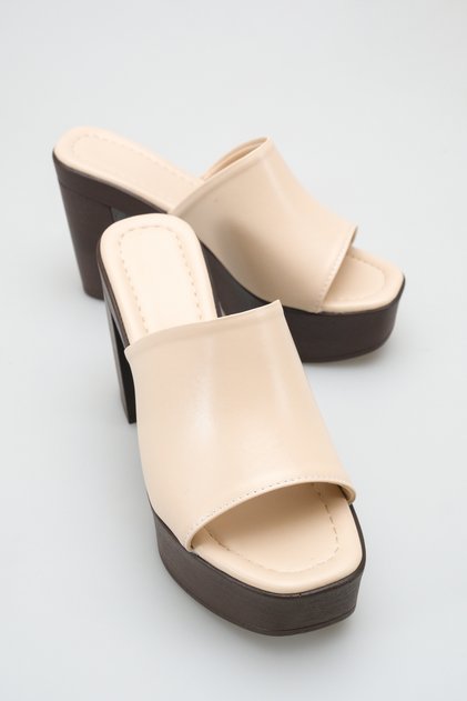 Women's Beige Platform High Thick Heeled Beige Slippers