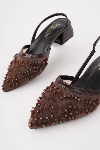 Women's Brown Embroidered and Beaded Heeled Shoes