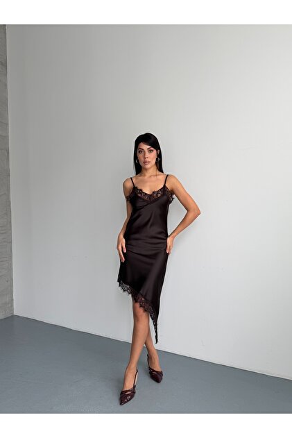 solena sln Women's Brown Lace Asymmetrical Satin Dress- Trendyol