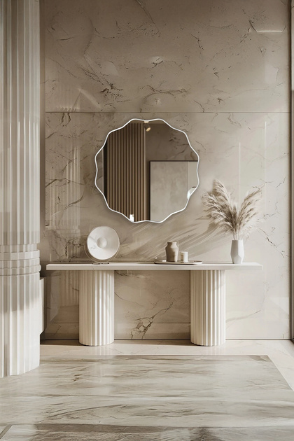 Şık Asimetrik Ahşap Çerçeveli Banyo Lavabo Duvar Aynası - Modern Dalgalı Tasarım Dekoratif Ayna