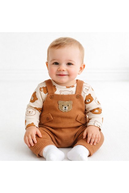Baby Boy 3-Piece Romper Set With Overalls and Socks, Teddy Bear Patterned Bodysuit, Bear Embroidered, Cotton, Unisex
