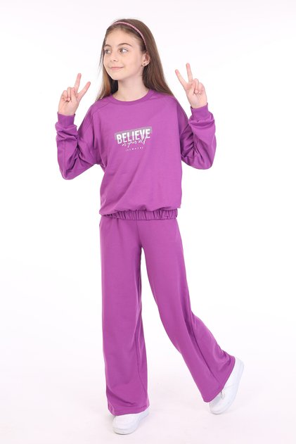 Girl's 2-Piece Set Printed Crew Neck Sweatshirt & Wide Leg Sweatpants with Elastic Waist