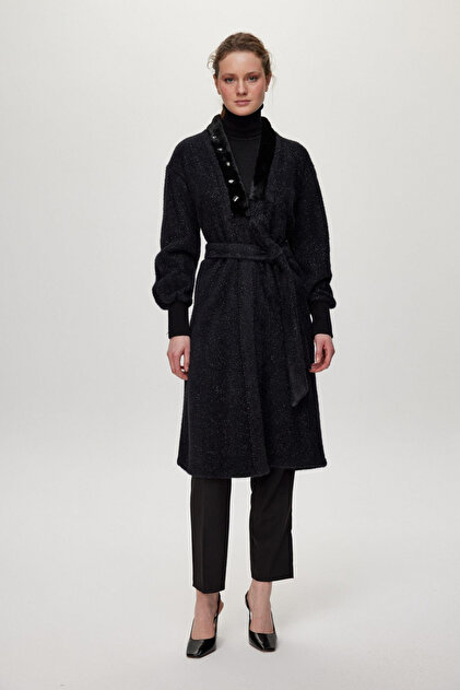 Shawl Collar Stone Detailed Black/Silver Cardigan 0029