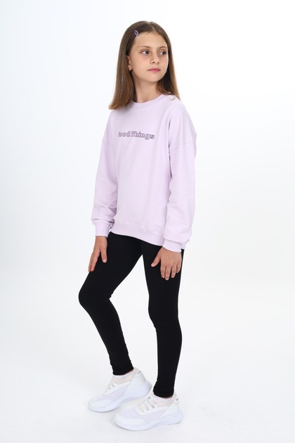 Girl's 2-Piece Set Printed Crew Neck Off-Shoulder Sweatshirt & Basic Plain Leggings