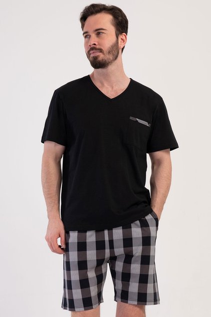 Men's V-Neck Short Sleeve Shorts Black 100% Cotton Pajama Set C5T8N1904