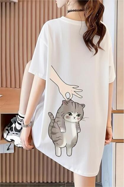 Hand and Cat Women's Oversize Basic Crew Neck Cotton T-Shirt Relaxed Fit Unisex