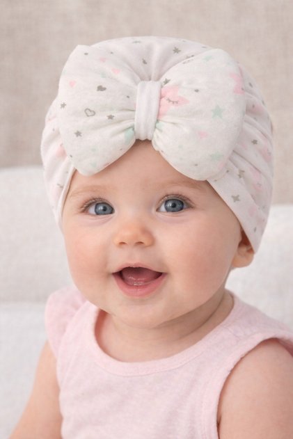 Baby Girl Cloud Patterned Bonnet Bandana Beanie – Cotton Baby Hair Accessory with Bow