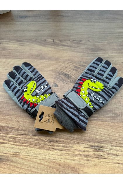 Gray Color Lined Children's Ski and Snow Gloves with Dinosaur Characters, Ages 7-10