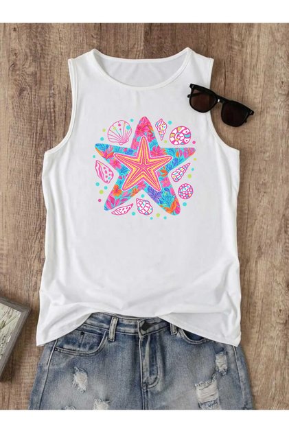 تي شيرت نسائي صيفي مطبوع بدون أكمام وياقة دائرية من SEA STAR SUMMER