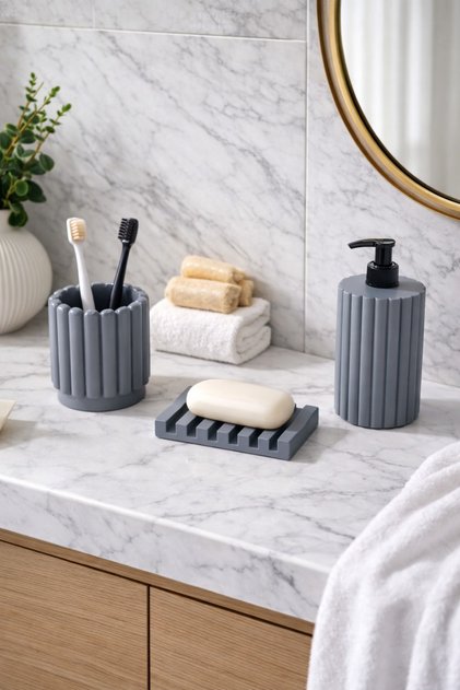Decorative Striped Model 3 Piece Bathroom Set Liquid Soap Dispenser Solid Soap Dispenser Toothbrush Holder Set Gray Color