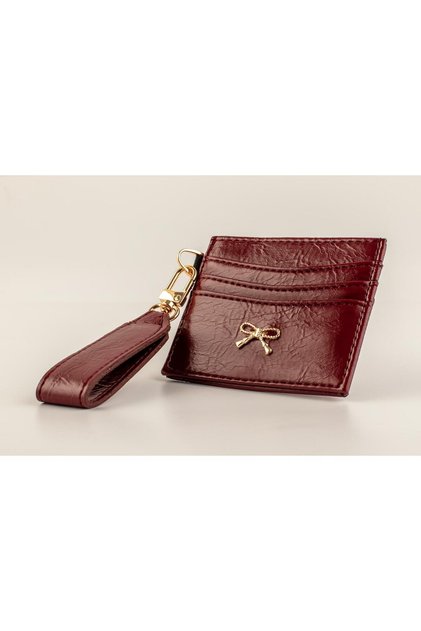 Burgundy Bowknot Detailed Keychain with Shiny Faux Leather Card Holder (Marteniçka Bracelet Is a Gift!) !))