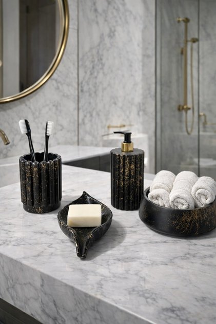 Dekoratif 4 Parça Çizgili Model Banyo Seti , Katı ve Sıvı Sabunluk , Diş Fırçalık , Havluluk Kase