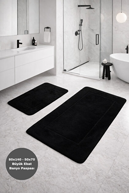 Serenza Black Large Size Bath Mat Set of 2 80X140 & 50X70 Non-Slip Base