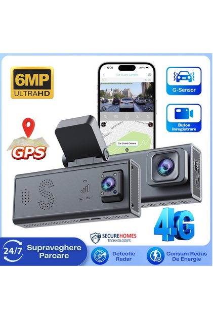 Cameră Auto 4G, Monitorizare 24h cu GPS, Dual Lens 3MP Full HD, Supraveghere Detectie Miscare,
