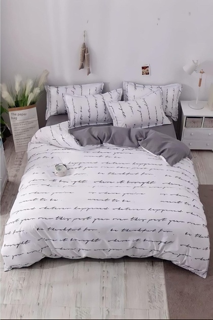 Double-Sided Double Bed Duvet Cover Set with Elastic Sheet, Letter Gray
