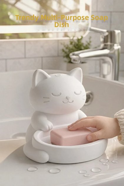 Cat Figurine Soap Dish Bathroom and Sink Accessory with Water Drainage, Hygienic and Decorative Organizer