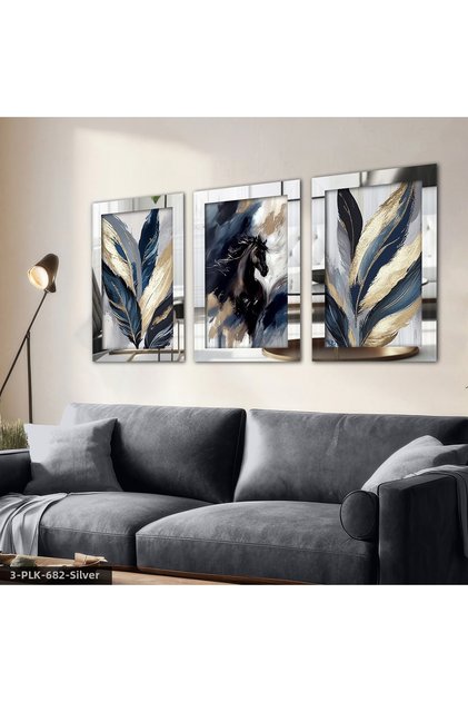 Black Horse and Leaf 3 Piece Silver Plexiglass Mirrored Painting