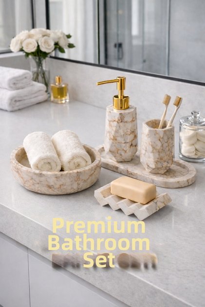 Marble Patterned Concrete 5-Piece Bathroom Wc Set Premium Liquid Solid Soap Dispenser Towel Holder