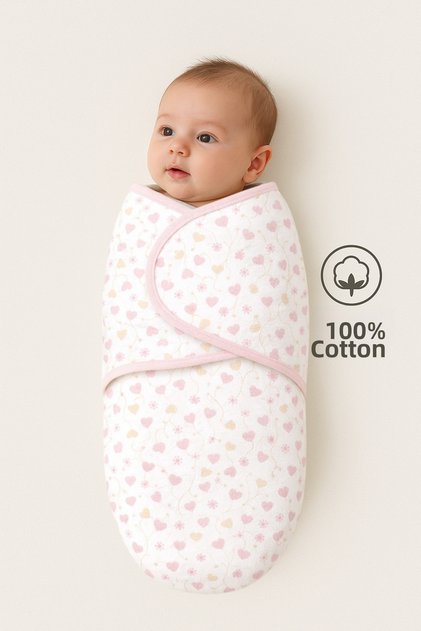 100% Cotton Heart Swaddle for 0-4 Months Newborn Baby, Sleeping Bag, Velcro, Soft Combed Cotton Fabric