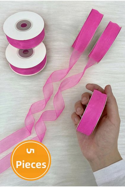 5 Pieces of Organza Tulle Ribbon Candy Pink 2cm 22Mt, Bundle Engagement Dowry Gift Packaging Decoration Wedding