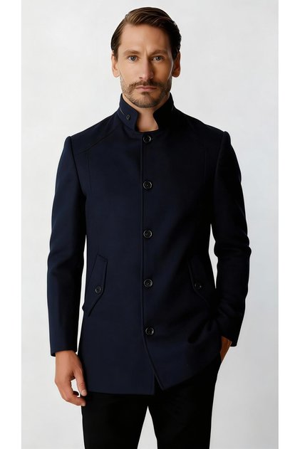Navy Blue Stand Collar Men's Coat with Buttons Classic Modern Model