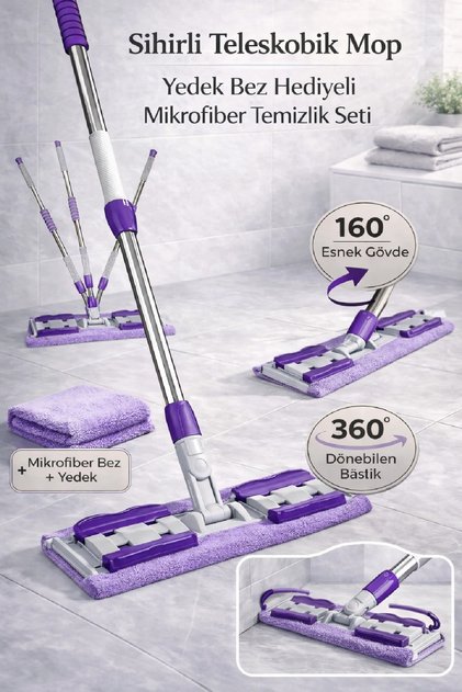 Sihirli Mop Yedek Bez Hediyeli Yer Mopu Fayans Duvar Yüzey Temizlik Mikrofiber Paspas Mor Renk